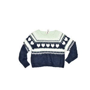 NEW Victoria's Secret Women Blue Fair Isle Hearts Fuzzy Pullover Sweater Size L